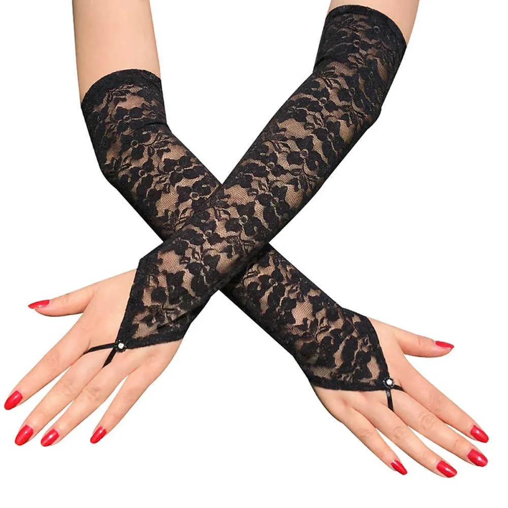 1 Pairs Women Long Lace Gloves Sexy Fishnet Mesh Fingerless Glove Lady Mitten Dress Accessories Y0827