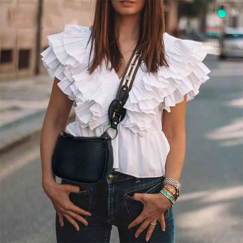 Deep V Neck Ruffle Pelpum White Blouse Toppar Kvinnor Chic Streetwear Sommarväxt Ärmlös Kvinna 210427