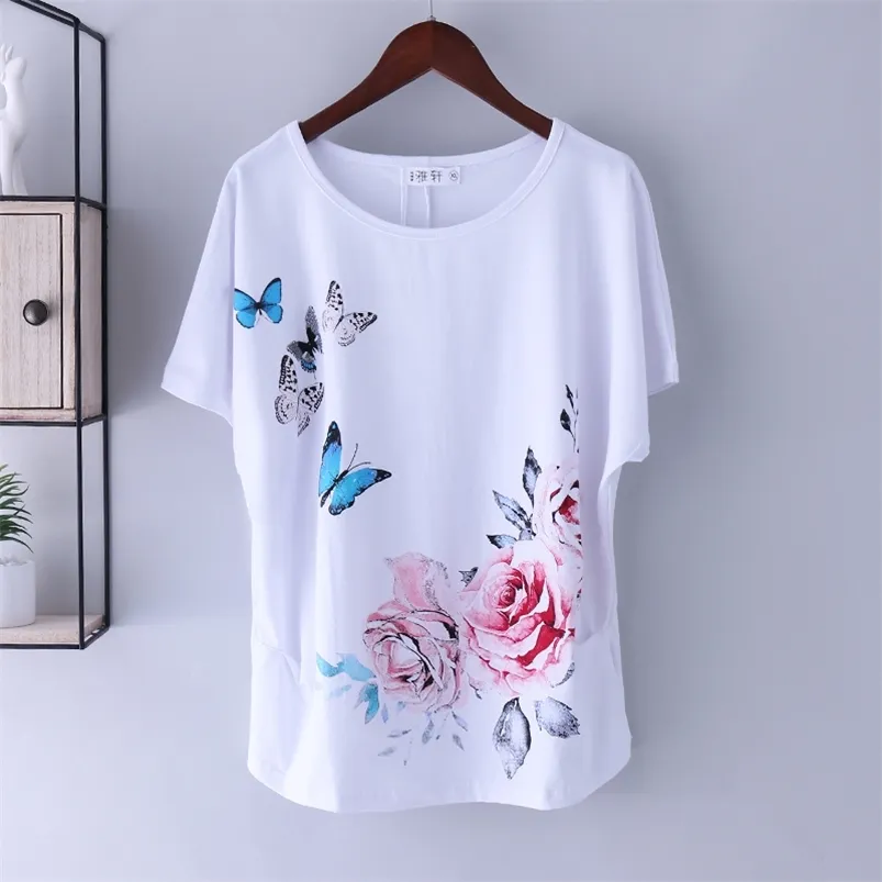 T-shirt Top's Zomer Katoen Losse Korte Mouw Tees Vrouwelijk Wit Afdrukken T-shirt Basic Grote Size Losse Bat Sleeve M 4XL 210722