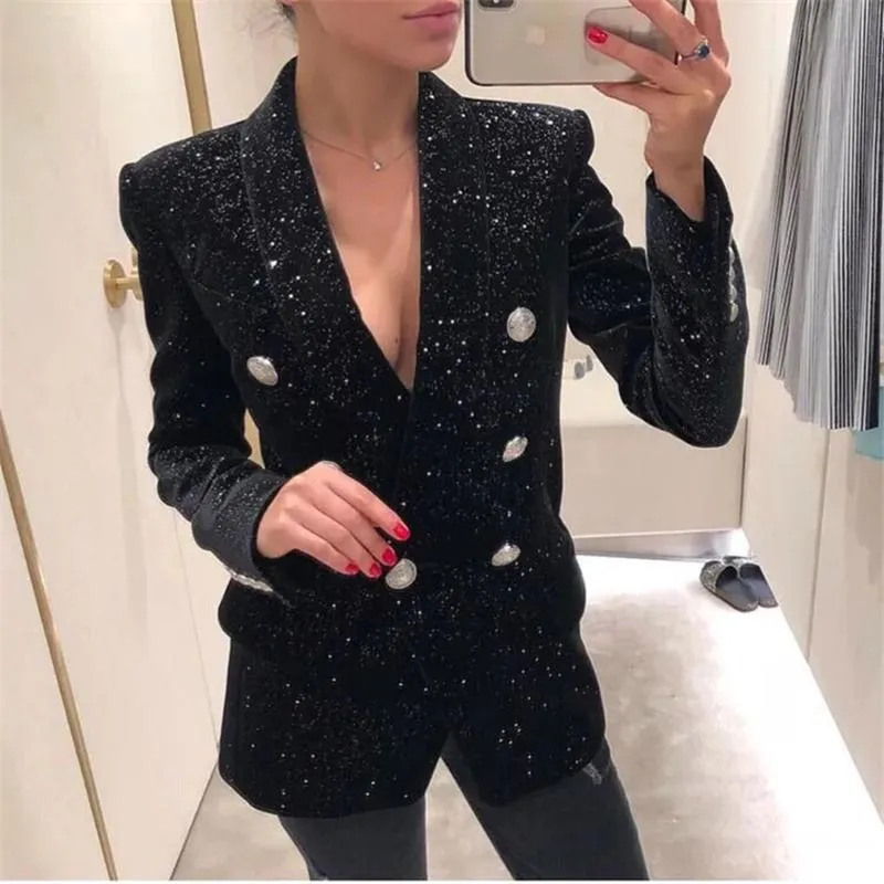 Women's Suits & Blazers Fashion Blazer Coat For Women Slim Ladies Black Suit Silver Bling Sequined Lion Buttons Velvet Jacket