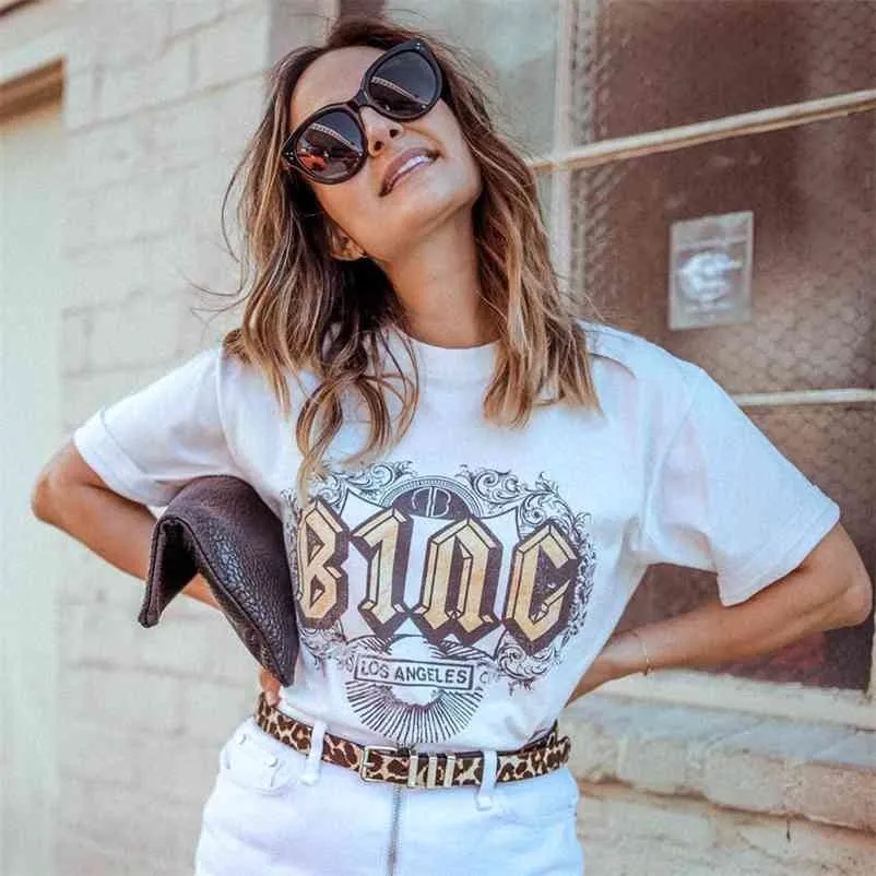 Boho Lettera Stampa Graphic Tees Donna Estate Manica corta Girocollo T-shirt in cotone Camicie Casual Vintage Magliette accoglienti Top 210330