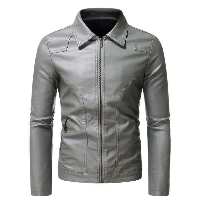 Causal Vintage Leather Jacket Coat Men Outfit Design Motor Biker Zip Pocket PU Läderjacka Business Enkel Män Kläder 211009