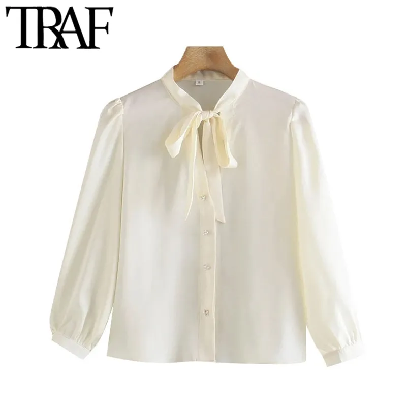 Femmes Mode Faux Perle Boutons Blouses Confortables Vintage Bow Tie Collier Trois Quarts Manches Femme Chemises Chic Tops 210507