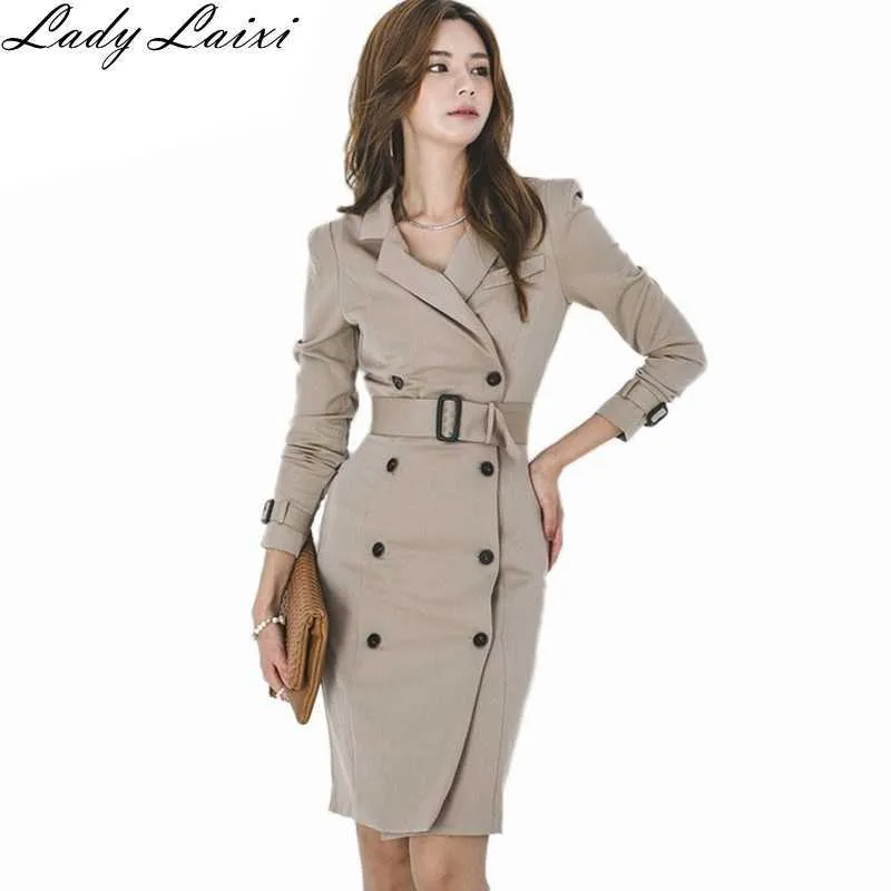 Office Blazer Sukienka Kobiety Elegancki Ołów Ołówek Notched Collar Długi Rękaw Dwuosobowy Work Bodycon 210529