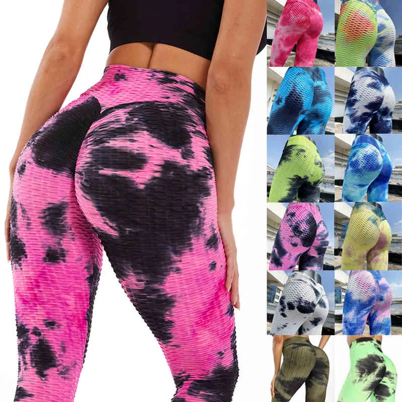 Sport Leggings Women Gym High Waist Push Up Tie Dye Byxor Jacquard Fitness Legging Running Byxor Kvinna Tight Sport Pants 210515