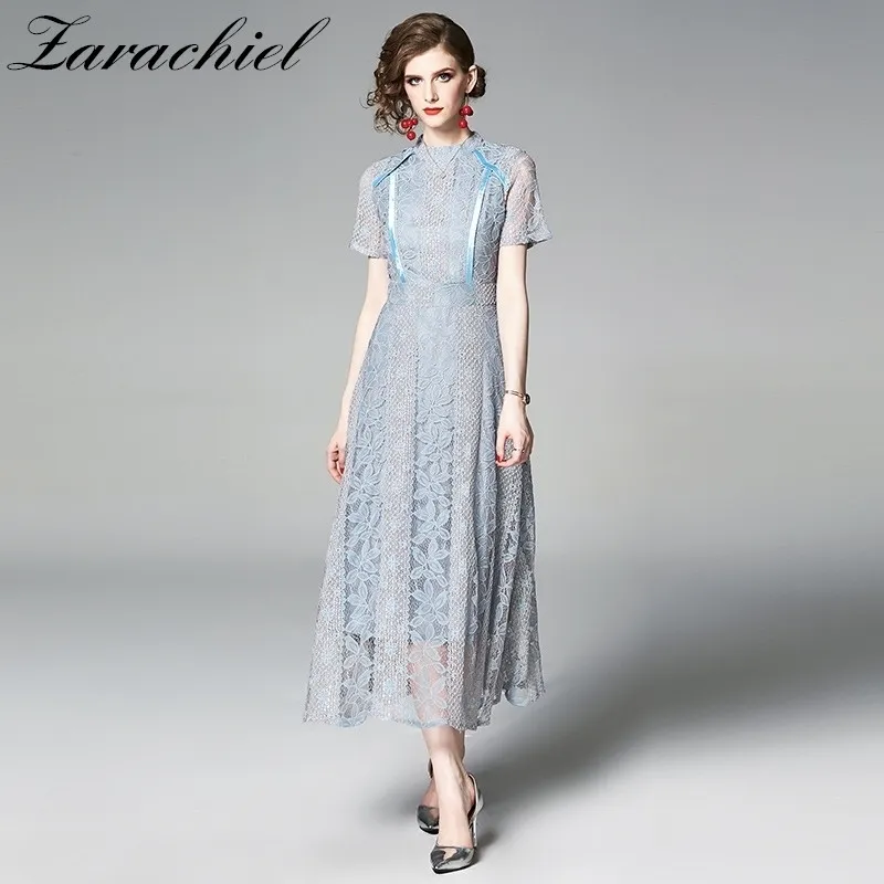 Summer Elegant Floral Lace Women Short Sleeve Stand Collar Evening Party Hollow Out Empire A-Line Long Dress 210416