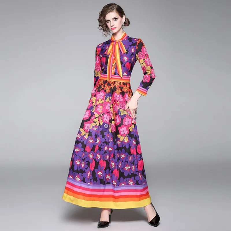 Falla kvinnor maxi klänning blommig print regnbåge randig chiffong plus storlek boho stil vestidos elegant slips krage lång klänning 210514