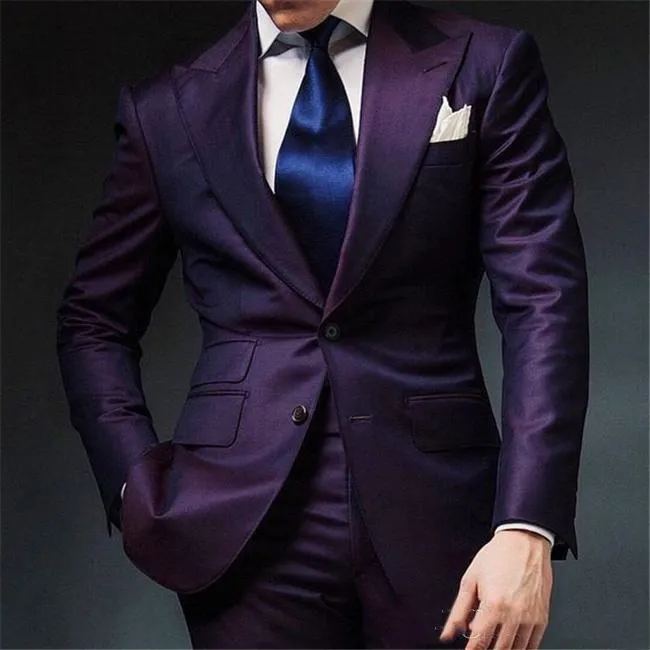 Paars Twee Stuk Piekte Revers Twee Knopen Mannen Bruiloft Pakken Bruidegom Tuxedos 2022 Custom Made GroomsMen Formal Wear (Jacket + Pants) Prom Party Blazer