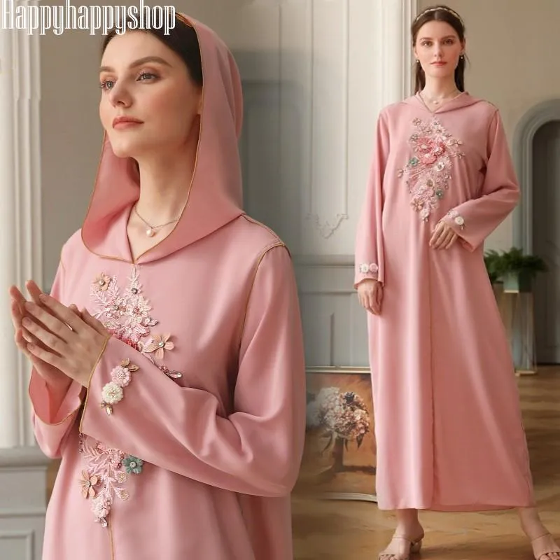 Roze hooded abaya Marokkaanse kleding vrouwen bloem maxi etnische jurk Turkse kaftan islamitische moslim jilbab ramadan gewaad feestjurk casual jurk