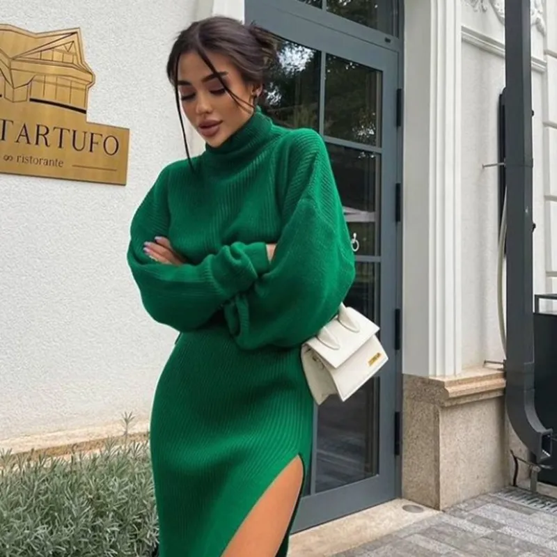 green emerald velvet dress Turtleneck Sweater Dress Olive / Large