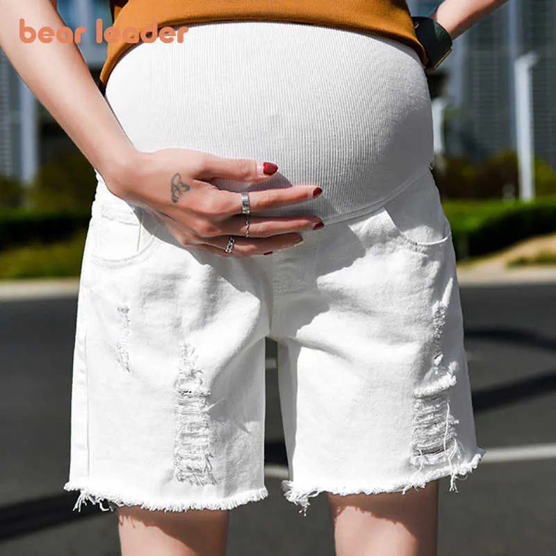 ベアーリーダーファッション夏の出生前の女性デニムショーツカジュアル妊娠中腹のズボン韓国のリッピングホール妊娠ジーンズショーツ210708