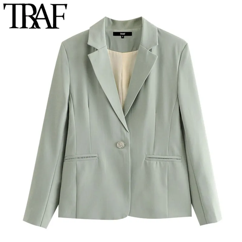TRAF Women Fashion Office Wear Single Button Basic Blazer Jas Vintage Lange Mouw Zakken Vrouwelijke Bovenkleding Chic Tops 210415