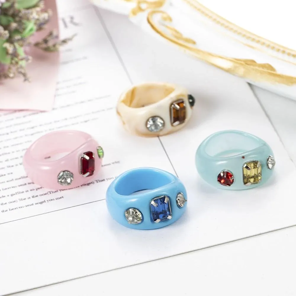 Cute Colorful Crystal Rhinestone Transparent Resin Acrylic Round Band Rings for Women Friends Couple Trendy Geometric Jewelry