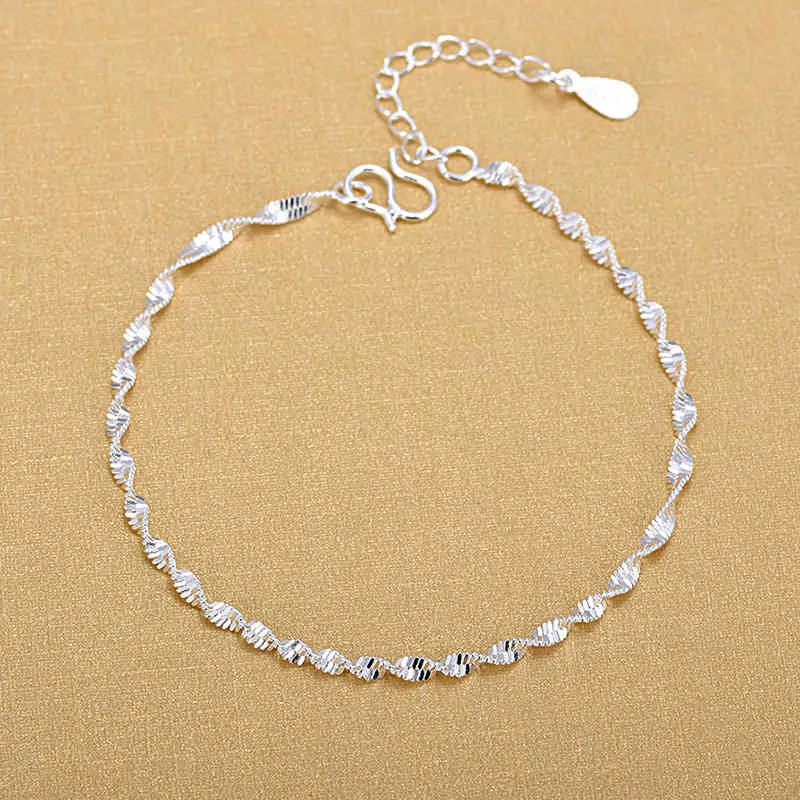 925 Sterling Silver Moda Simples Elegante Cadeia Torcida Braceletes Jóias Para Mulher Wave Anklet presentes 210507