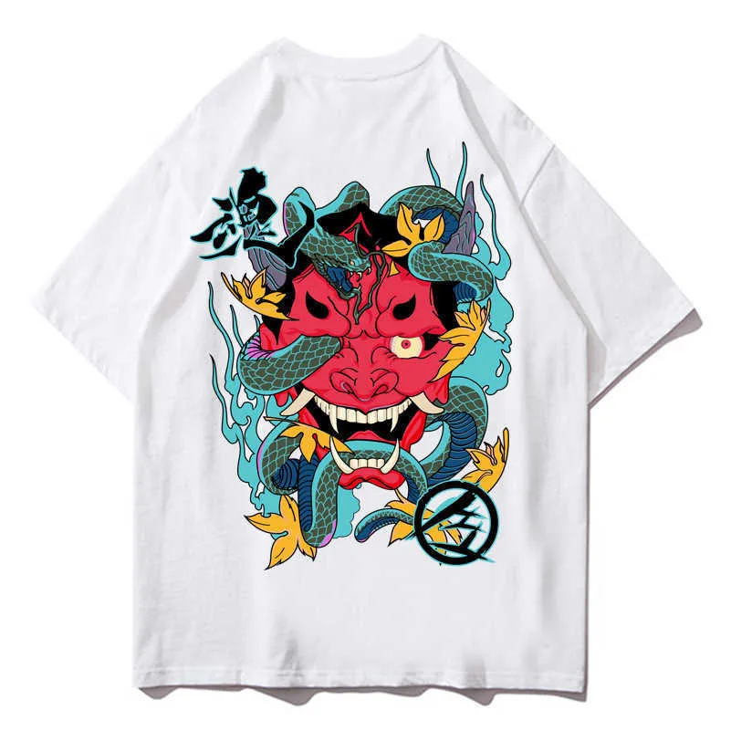 Graphic T Shirts Hommes Streetwear Oversize T Shirt Evil Spirit Print T-Shirt Harajuku Coton Loose Short Sleeve Tshirt 210527
