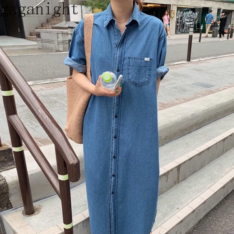 Gaganight Denim Women Long Dress Short Sleeve Turn Down Collar Single Breasted Vintage Dresses Holiday Casual Loose Vestidos 210519