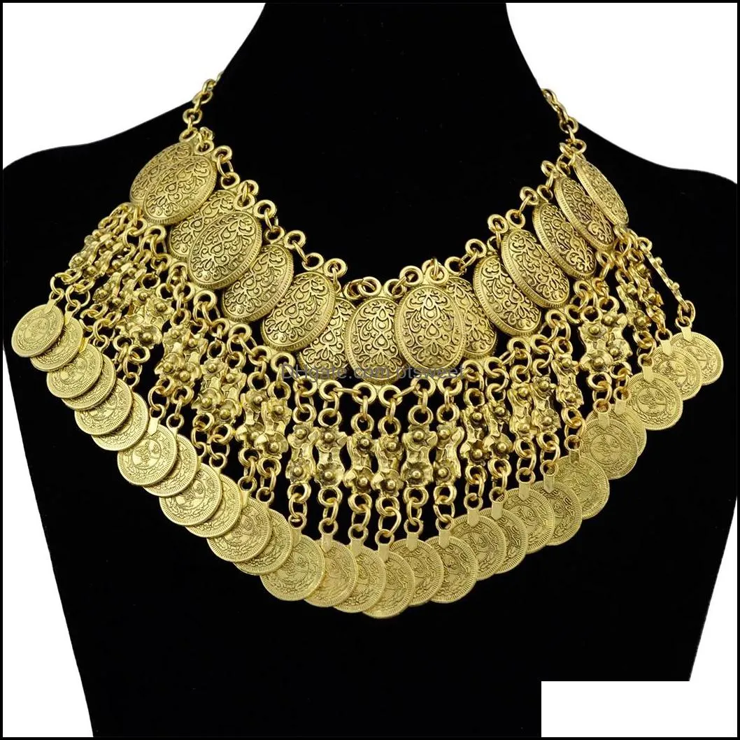 Bohemian Style Antique Silver/Gold Alloy Fashion Chunky Necklaces Carved Flower Tassel Coins Pendant Bib Statement Necklace Women