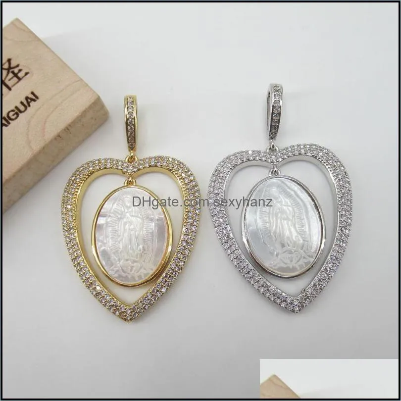 Charms APDGG 30x36mm Virgin Mary White Mop Cameo Shell Gold Plated Cubic Zircon CZ Paved Connector Necklace Pendant Jewelry DIY