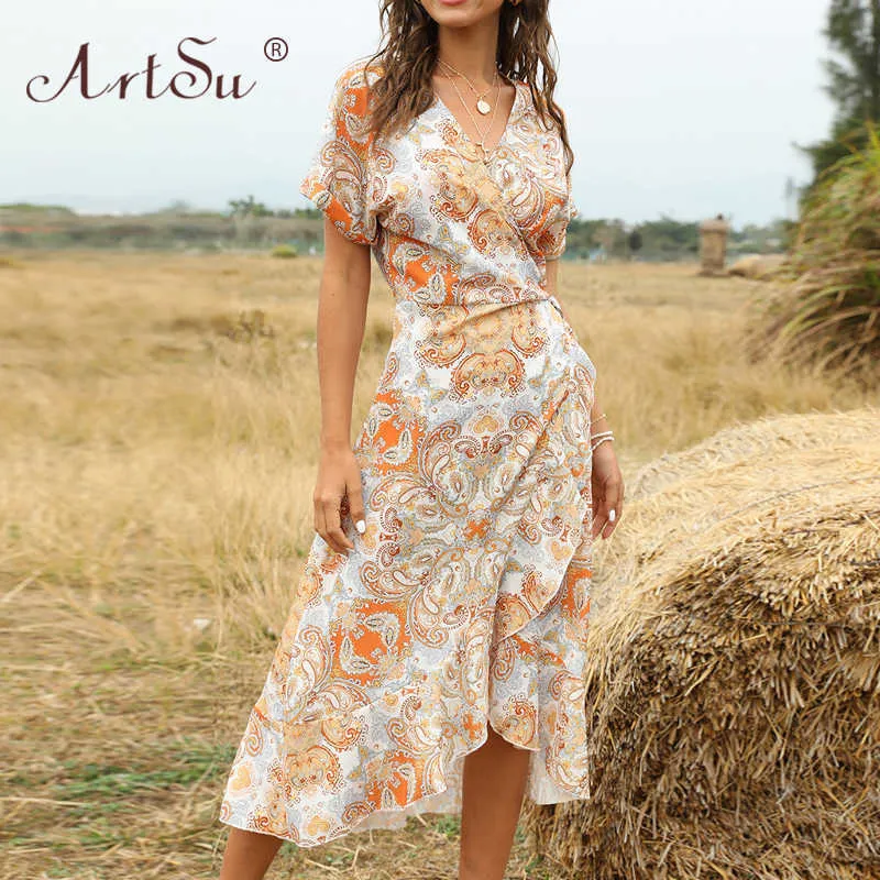 ArtSu femmes 2020 élégant été à manches courtes imprimé fleuri longues robes Boho col en v femme à volants à lacets décontracté Wrap Maxi robe X0621