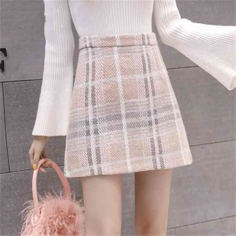 Roze Blauw Sweet Tweed Wol Mini Rok Vrouwen Koreaanse Mode Hoge Taille Wollen Plaid Dames Kantoor Casual Streetwear Faldas 210421