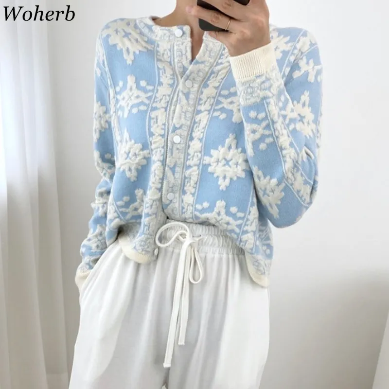Koreanska Chic Elegant Cardigan Snowflake Broderi Sweater Coat Kvinnor Kausal Stickad Höst Vinterdrag Jacka 210422
