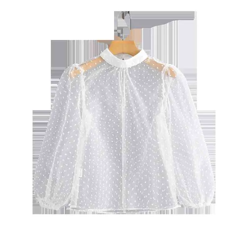 Camicia da donna in camicetta di tulle monopetto con scollo rotondo a puntini in maglia sexy stile occidentale da donna estate Top femminile 210520