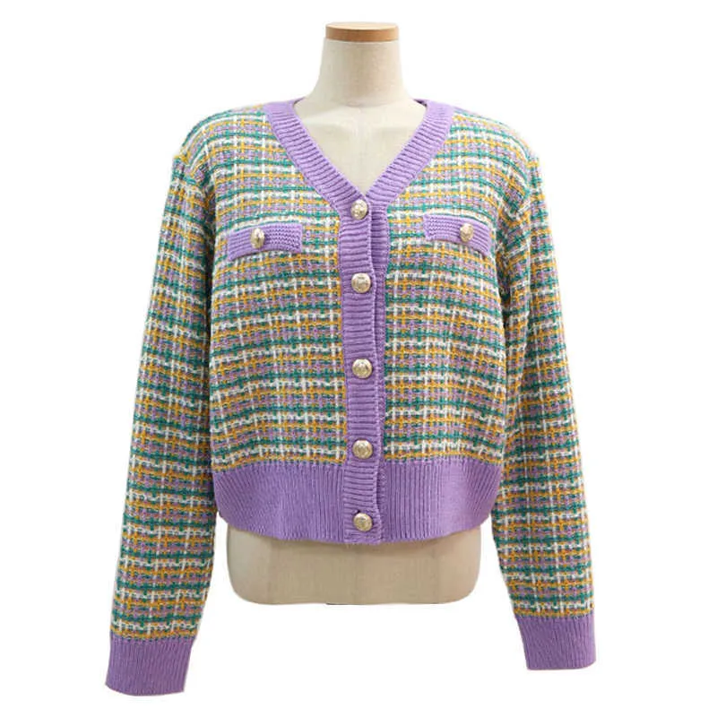 PERHAPS U Femmes Court Pull Court Tricoté Col V Cardigan Bouton Plaid Vert Violet Rose Tweed M0276 210529