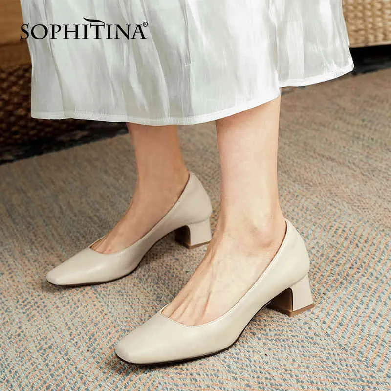 Sophitina Solid Sonl Grosso Sapatos de Couro Genuíno Couro Raso Sapatos Quadrado Toe Conforto Primavera Outono senhora Bombas AO58 210513