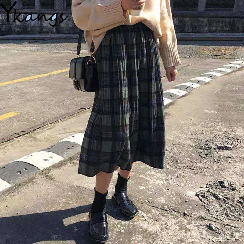 日本原宿秋冬女性ミディスカートプラスサイズ3xlウールハイウエスト格子縞女性サイアス韓国の街路壁ロングスカート210619