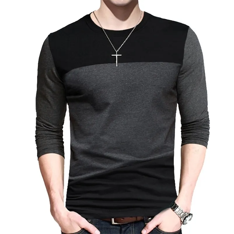 Browon outono homens coreanos camiseta estilo vintage retalhos blackgray o-pescoço longo tshirt roupas homens mais tamanho m-5xl 210409
