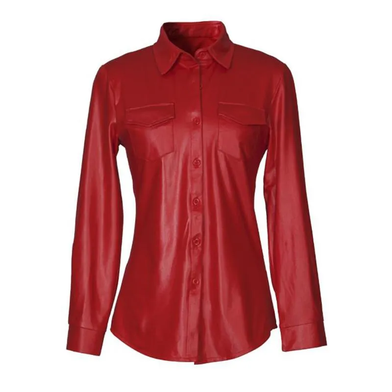 Chemisiers pour femmes Chemises Femmes Chemisier en similicuir Rouge Noir Manches longues Boutonnage simple Boutons Bureau Dames PU Chemise Casual Tops Vêtements