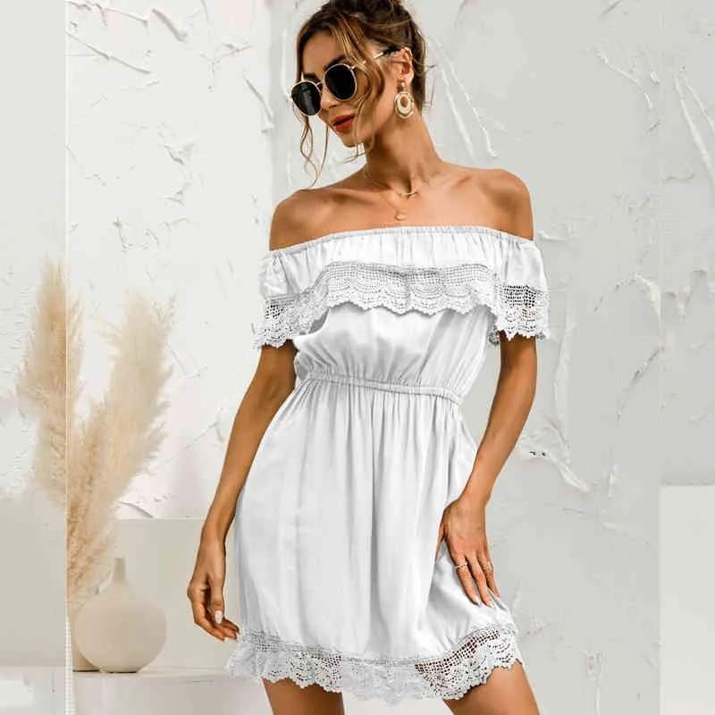 Playa fuera del hombro hueco encaje costura sexy vestido con volantes para mujer Verano blanco fiesta mini vestido vestidos Moda cintura alta 210514