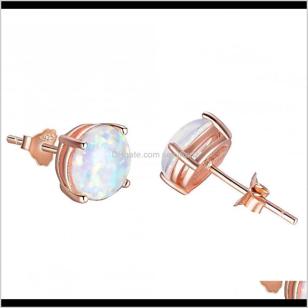 8mm round white fire opal rose gold stud earrings for women men 925 sterling silver filled birthstone earring jewelry
