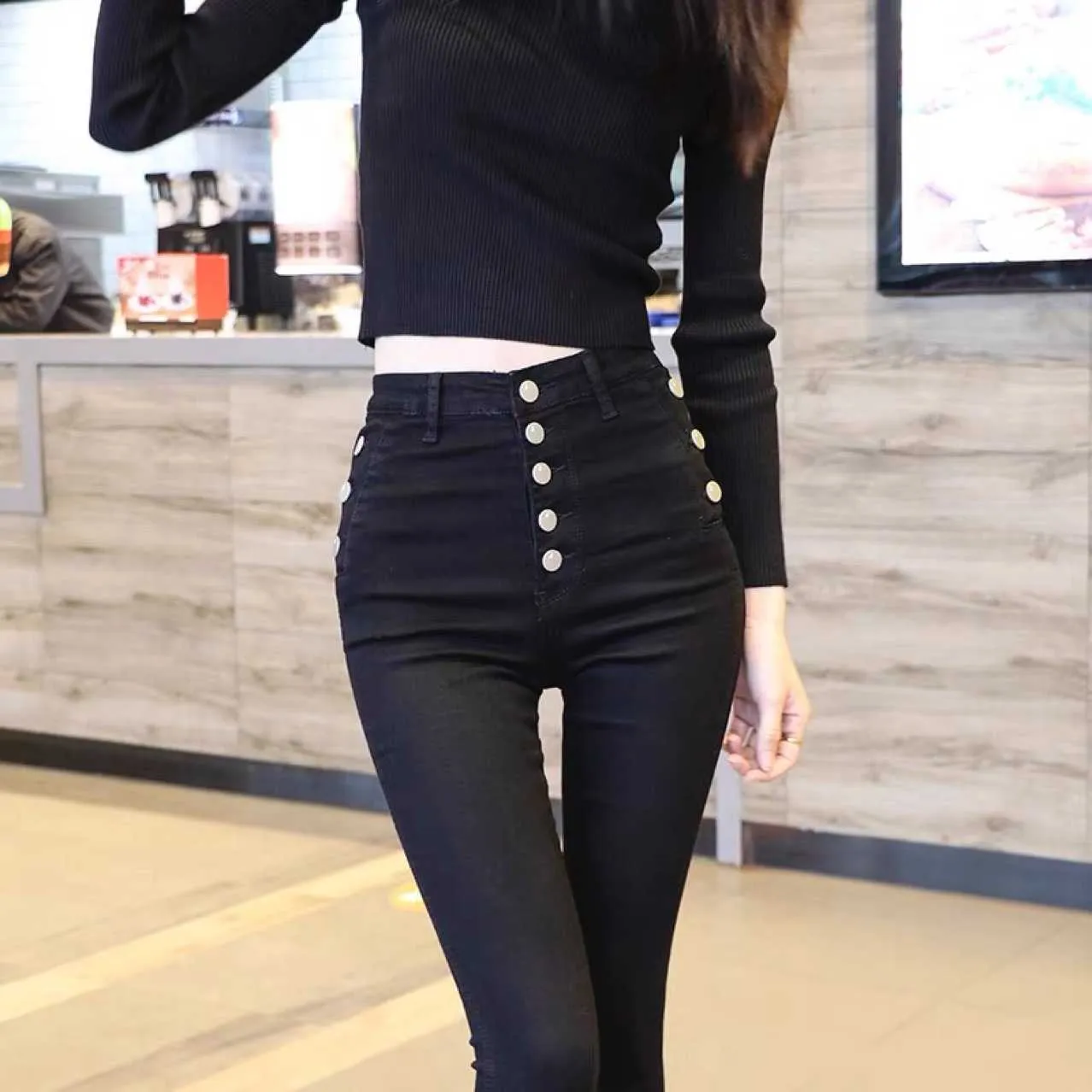 2021ss Xiaoxiangjia Bouton Décoration Slim Jeans Taille Haute Élastique