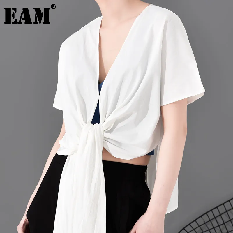 [eam] 여성 Whith 매듭 불규칙한 큰 크기 블라우스 V 칼라 긴 소매 느슨한 맞는 셔츠 패션 봄 여름 WG86100 21512
