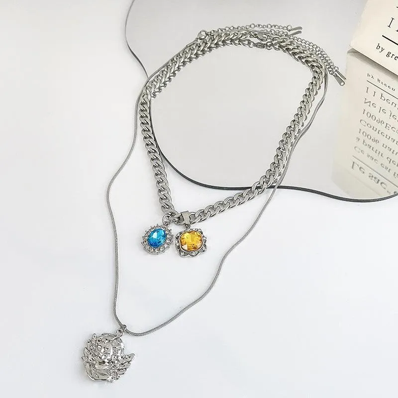 Naszyjniki wisiorek lovoacc punkowy niebieski żółty kolor błyszczący kryształowy geometryczny naszyjnik dla kobiet dziewczęta podwójne warstwy biżuteria łańcuchowa
