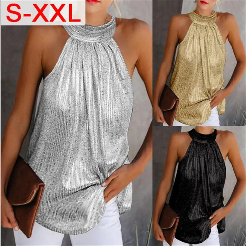 Womens Fashion Shiny Halter Neck Tank Tops Vest Ladies Summer Casual Solid Color SleevelT shirt Blouse Black Gold Silver X0507