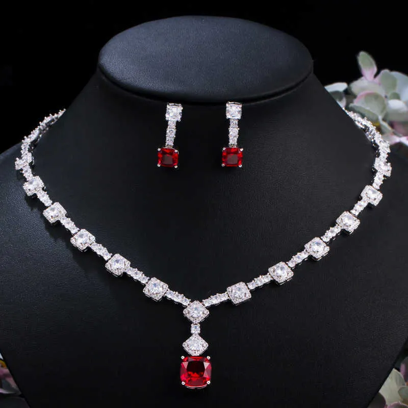 CWWZircons Chic rond et carré coupe rouge cubique zircone femmes mariage ensemble de bijoux élégant collier boucle d'oreille pour les mariées T454 H1022