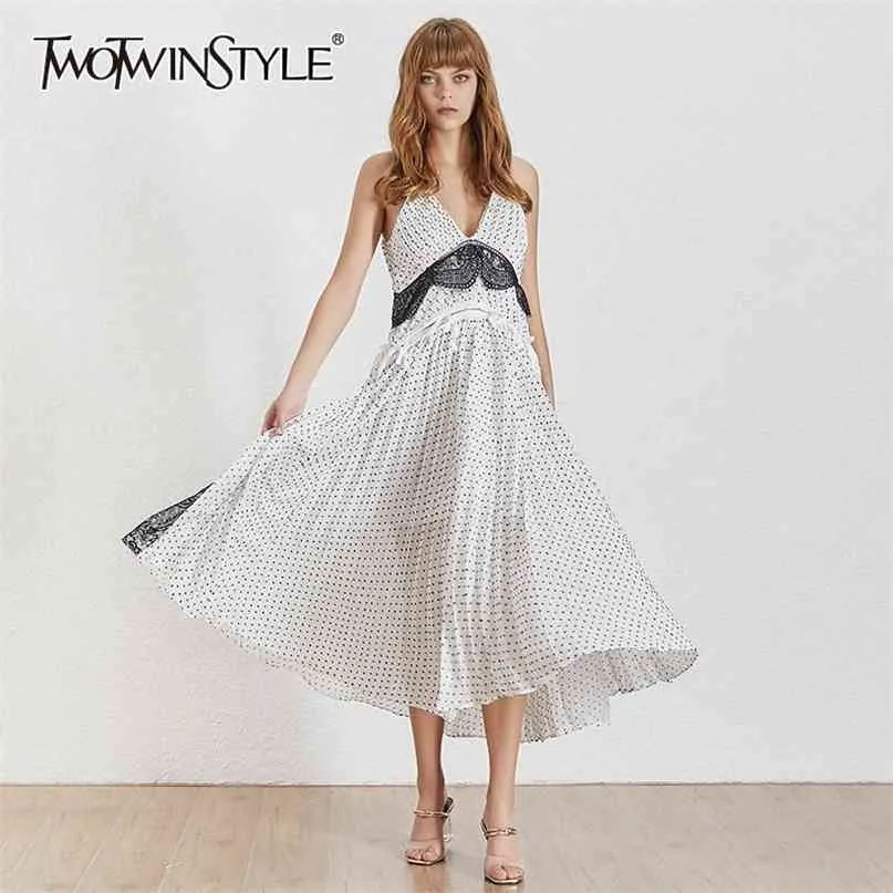 Summer Lace Patchwork Strap Midi Dress for Women V Neck Backless Dot Vintage A Line Kvinna Klänningar Fashion 210520