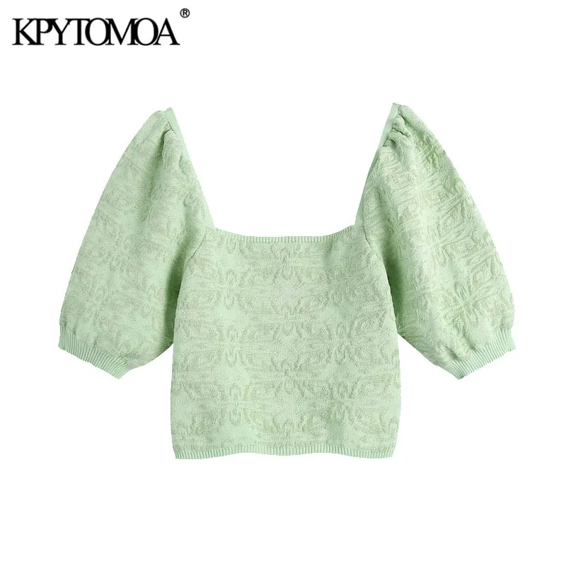 Kvinnor Mode Jacquard Cropped Stickad Sweater Vintage Square Collar Puff Sleeve Kvinna Pullovers Chic Toppar 210416