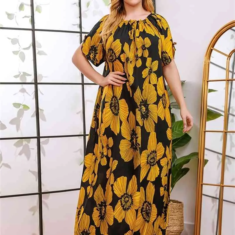 Vintage Moda Çiçek Baskı Maxi Dresse Yaz Artı Boyutu Rahat O-Boyun Kısa Kollu Zarif Retro Robe Femme 210623