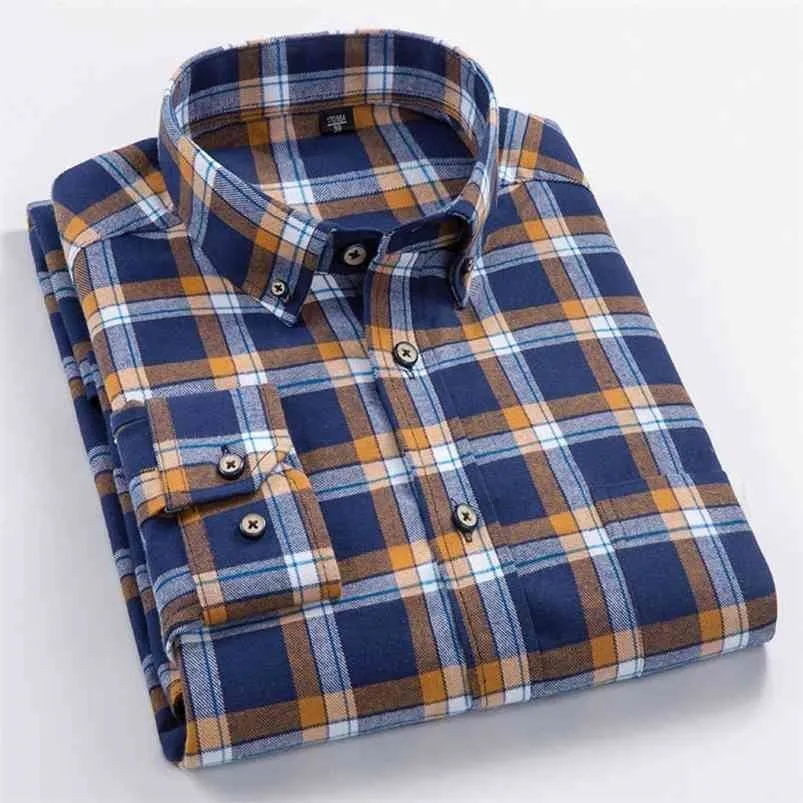 Alta Qualidade 100% Algodão Outono Mangas Longas Camisetas Colar para Down Casual confortável xadrez masculino tops Plus Size S-8XL 210721