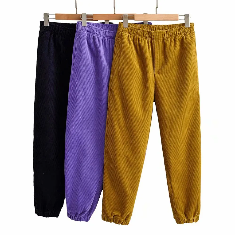 Stylish Chic Women Corduroy Harem Pants Fashion Women 3 Colors Elastic Waist Trousers Casual Pantalones Mujer 210520