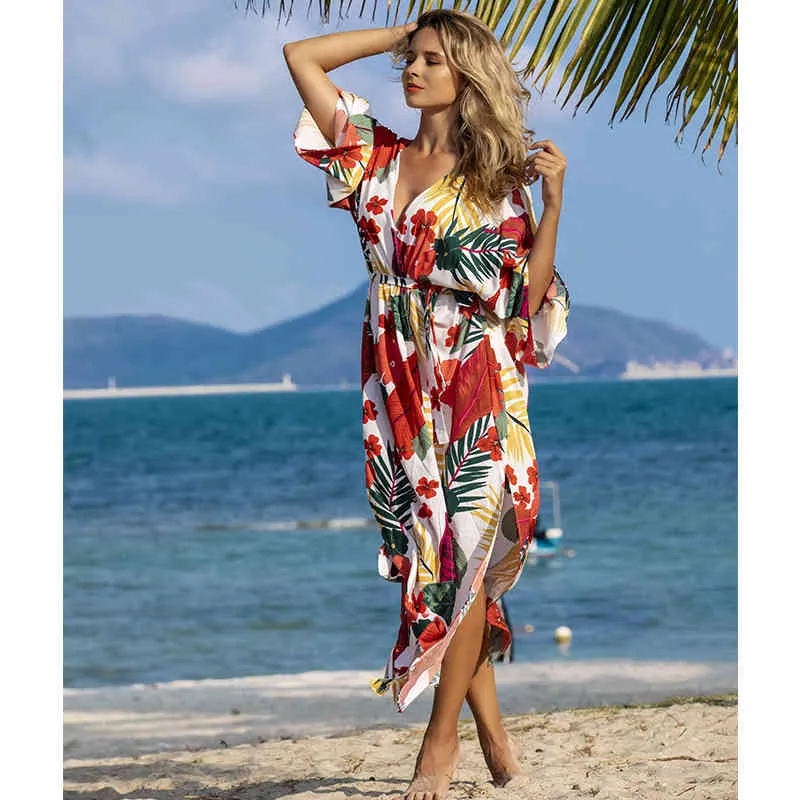 섹시한 비키니 커버 업 코튼 튜닉 Boho 인쇄 여름 해변 드레스 우아한 여성 플러스 사이즈 착용 수영복 커버 Q1115 210420