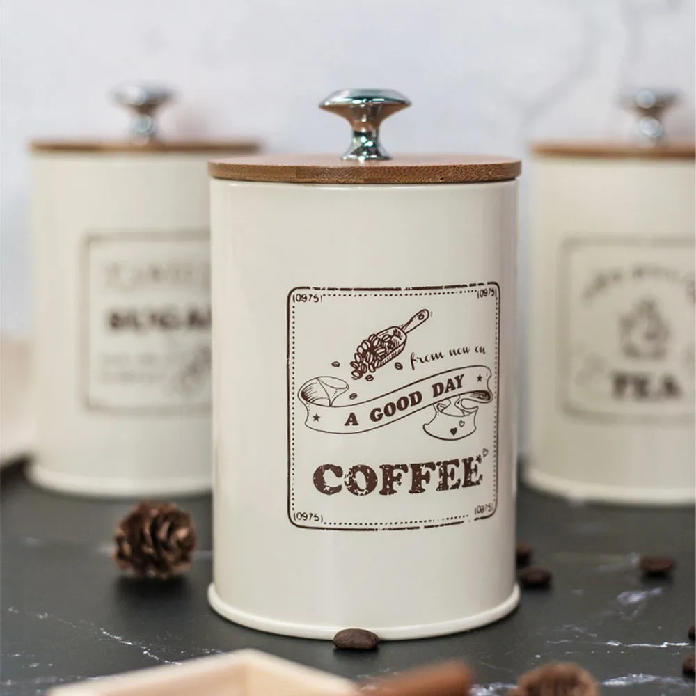 Lot De 3 Boîtes De Rangement Métal Avec Couvercle Bambou - Pour Thé, Café, Sucre - 1000 Ml - 13x9,5 Cm - Beige