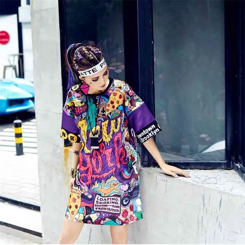 Summer Women's Large Size T-shirt Dress Hip Hop Print Graffiti Female Short-sleeved Woman GD213 210506