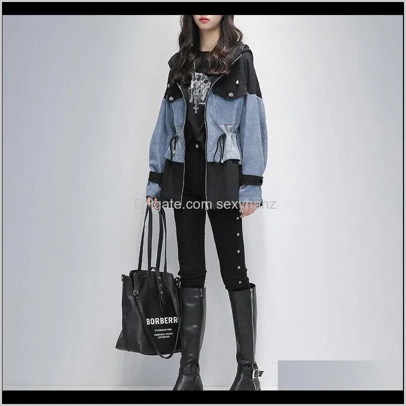 new 2021 autumn winter women`s hooded denim jackets sashes lace up outerwear high street fashionable blue patchwork long jeans