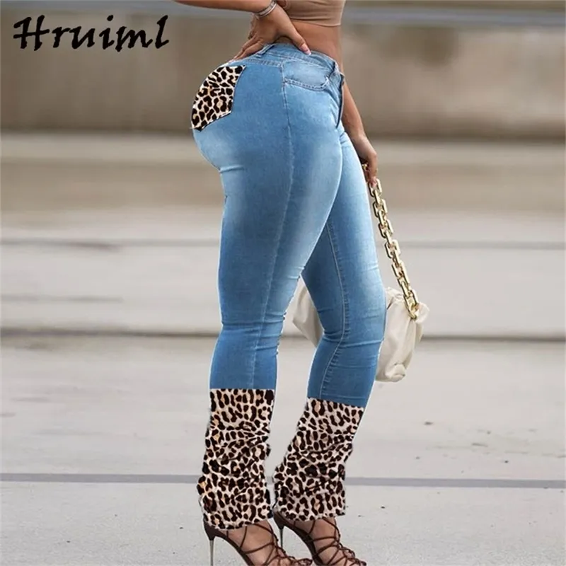 Calças empilhadas Fashion Leopard Retalhos Personalizados Roupas Para As Mulheres Casuais Bolso Slim Pantalones Vaqueros Mujer 210513