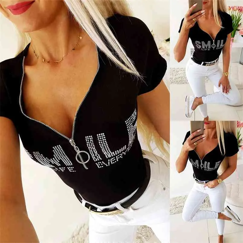 T-shirt Femme Diamants Lettre Zipper Col V-Cou Manches Courtes Summer Top Sexy Slim Pull Casual Noir Tshirt Femme Femme 210517