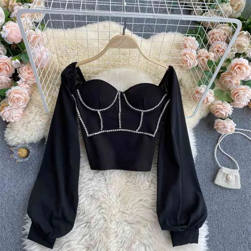 Bijgesneden blouse mode vrouwen shirt zwart wit vierkante kraag bladerdeeg mouw geplooid elastische rug korte top 210603